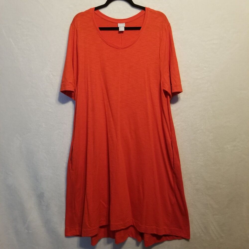 Chicos 3 (XL) Dress Jersey Knit Orange Short Sleeve T Shirt A Line Comfort Midi